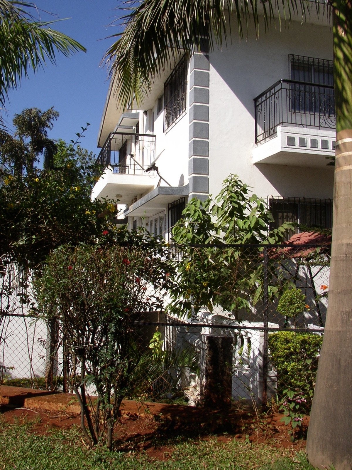 Corner of a row house with a cantilevered balcony among palms
